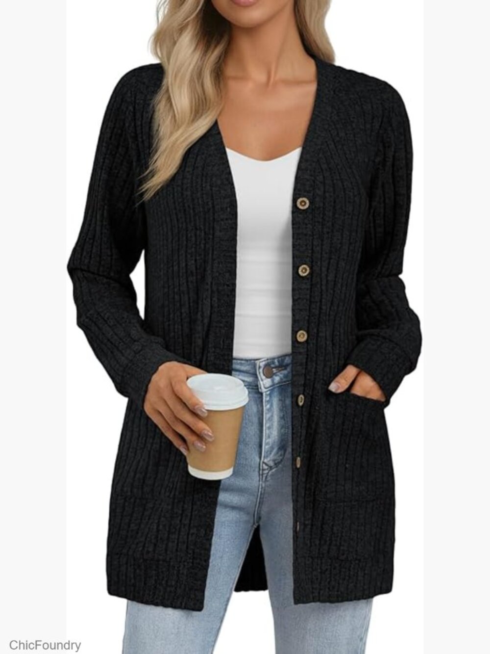Long Button Up Chunky Knit Cardigan Sweater with Pockets